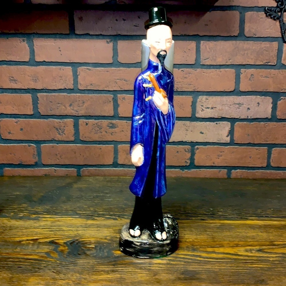 Vintage 17” Hand Painted Asian Gentleman Cobalt Blue Glaze Maximalist Eclectic